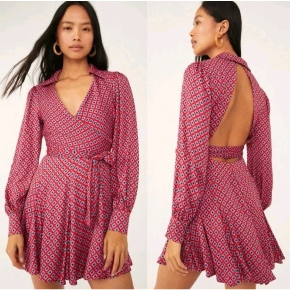 Free People It Takes Two Red Geometric Open Back Mini Dress Long Sleeve Size M